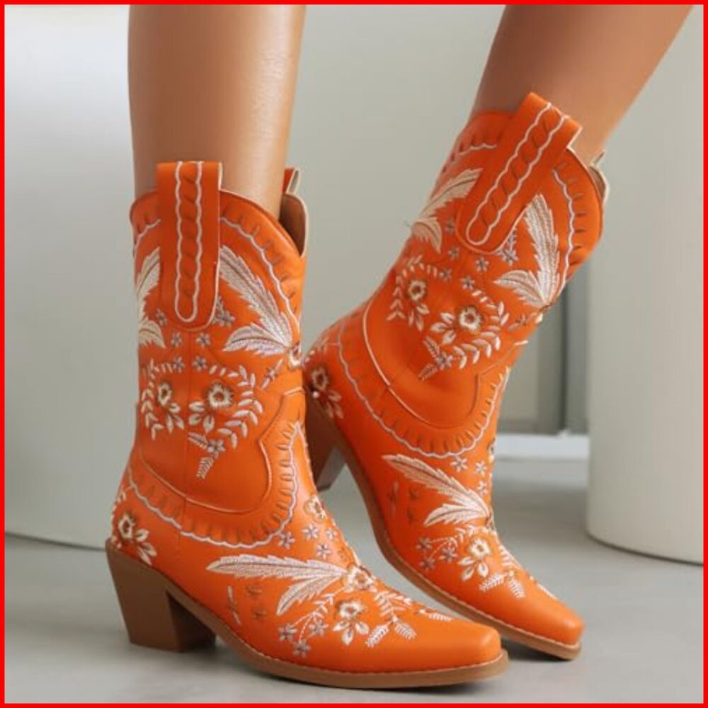 Women's Embroidered Cowboy Boots Pull On Western Boots Chunky Heel - Picture 5 of 6